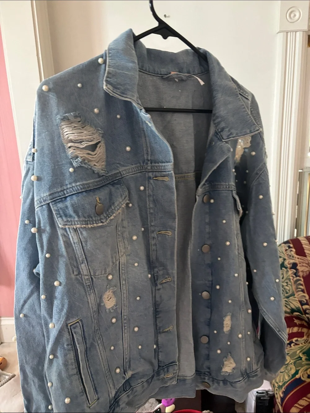 Free people Pearl-Embellished Distressed Light Blue Denim Jacket - Picture 1 of 7